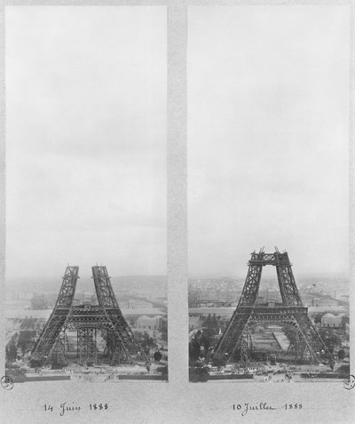 Due vedute della costruzione della Torre Eiffel, Parigi, 14 giugno e 10 luglio 1888 da French Photographer